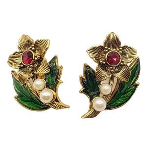 Flower Earrings Avon Enamel Pearl Rhinestone Gold Tone 1980s Pierced Statement